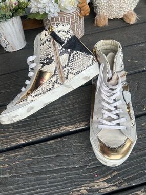 Philippe Model Women’s High-Top Sneakers in Metallic Gold and Snake Print